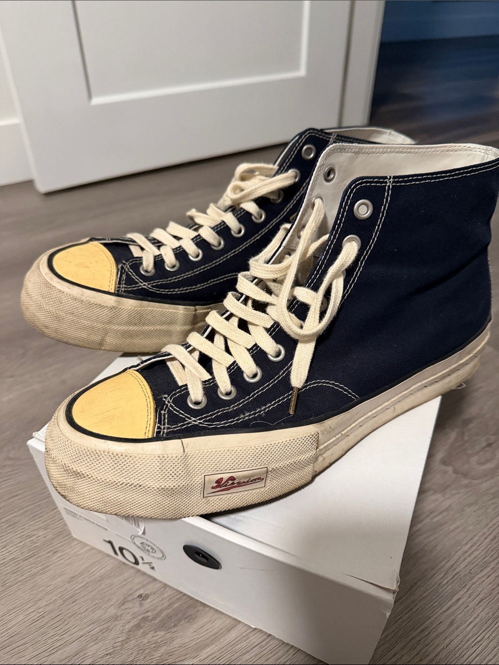Visvim Skagway High-Top Canvas Sneakers in Navy and Cream